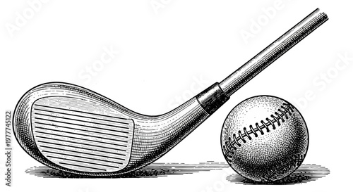 Vintage Golf Club and Baseball on White Background