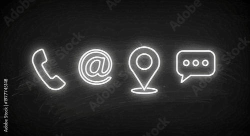Contact Icons Neon Glow on Dark Textured Background - Communication Symbols