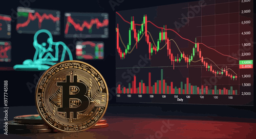Bitcoin Cryptocurrency Trading Chart Analysis with Abstract Trader Figure