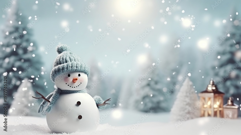 Fototapeta premium Cozy Winter Snow Scene with Smiling Snowman Under Falling Snow and Warm Village Lights