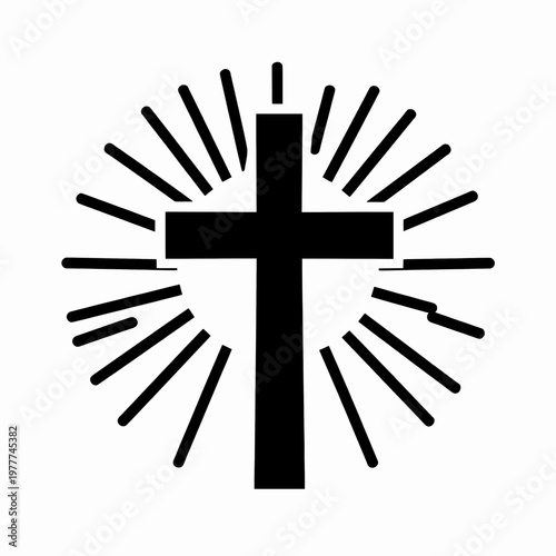 Minimalist Christian Cross Icon with Radiating Sunburst Lines, Black Flat Vector Illustration Representing Faith, Spirituality, and Hope, Isolated on White Background for Religious Concepts