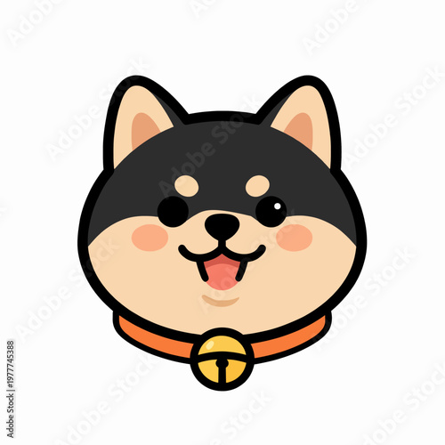 Happy black and tan Pomeranian dog head vector illustration, smiling fluffy puppy with blushing cheeks and orange collar with bell, cute domestic pet animal isolated on white, cheerful mood.