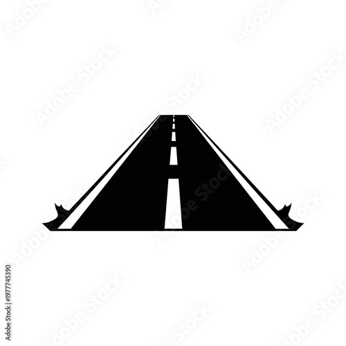 Minimalist black and white graphic icon illustration of an open road stretching into the distance, representing travel, journey, and the path to a promising future