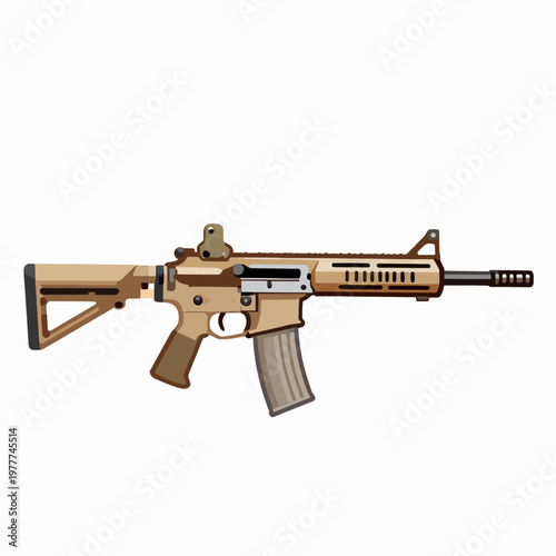 Flat Vector Illustration of a Single Modern Tactical Carbine Rifle with Suppressor and Holographic Sight, Military Tan and Brown Tones, Isolated on White for Defense and Security Concepts