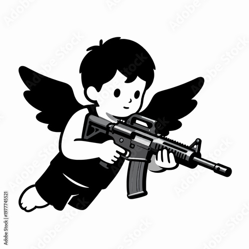 Black and White Flat Vector Illustration of a Single White Male Cherub Angel Aiming a Tactical Rifle, Minimalist Celestial Being Holding a Firearm for Conceptual Art and Modern Graphic Design