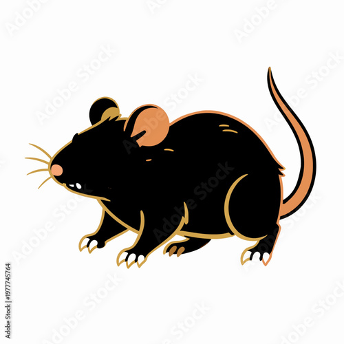 Stylized flat vector illustration of a single aggressive black rat pouncing, traditional tattoo art style with bold orange outlines and sharp white fangs, minimalist animal mascot concept