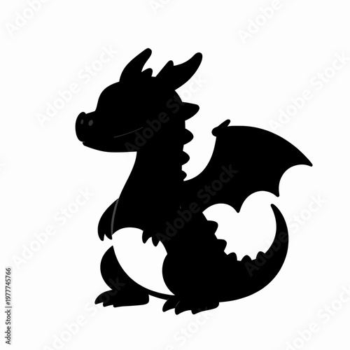 Cute Baby Dragon Silhouette in Flat Vector Style, Minimalist Mythical Creature Graphic, Isolated Black Fantasy Monster Icon for Design and Branding, Playful Dragon Character on White Background.