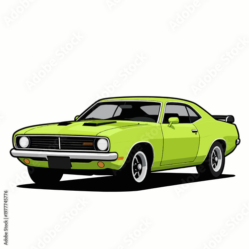 Classic Lime Green Vintage Muscle Car Vector Illustration, 1970s Retro Automotive Racing Design Isolated on White Background for Sports and Speed Enthusiasts
