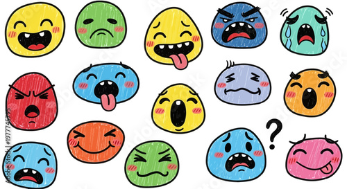 Collection of colorful hand-drawn emoticons expressing various emotions and feelings