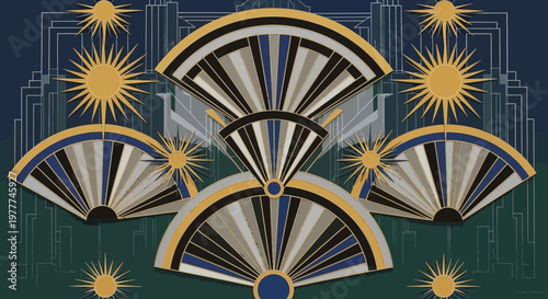 Art Deco Sunburst Fan Pattern with Cityscape Silhouette - Vintage Geometric Design