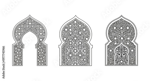 Intricate Islamic Archways and Windows: Ornate Geometric Patterns, Arabesque Designs