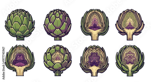 Artichoke Halves and Whole: Fresh Green Vegetable, Culinary Ingredient, Pixel Art Style