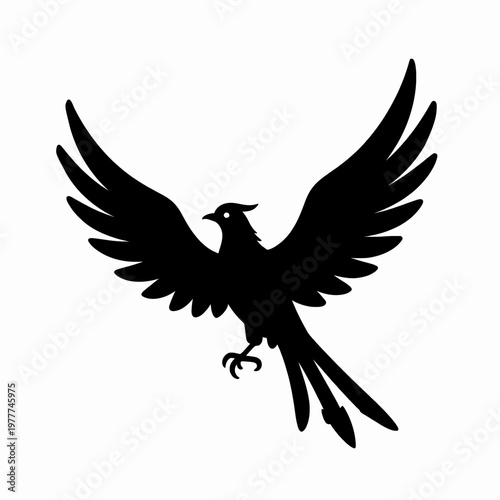 Elegant Black Silhouette of a Single Phoenix Bird in Flight, Minimalist Flat Vector Illustration of a Mythical Rebirth Symbol, Isolated on White Background for Modern Logo Design and Branding.