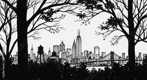 Black and White Skyline Silhouette of a City with Trees in Foreground