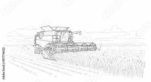 Combine harvester in a field at sunset, agricultural harvest, rural landscape, line art drawing