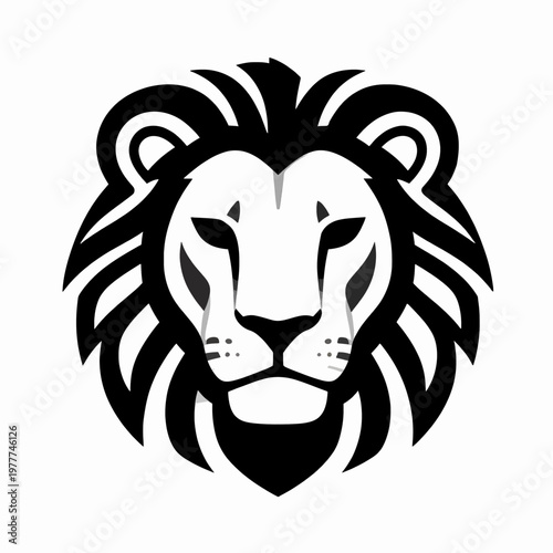 Minimalist black and white flat vector illustration of a single lion head with tribal mane patterns, powerful feline predator face isolated on white, conceptual strength and leadership symbol.