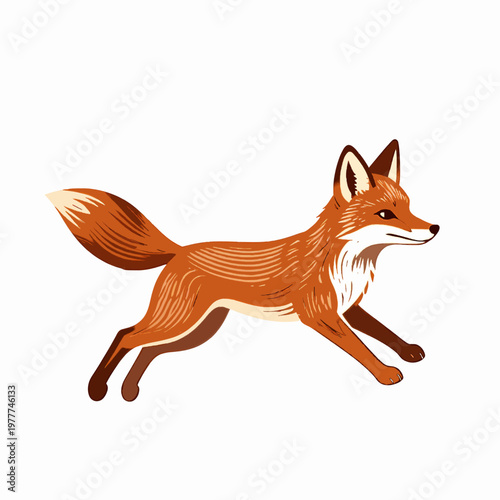 Tableau sur toile A single jumping red fox in a minimalist woodcut engraving style, flat vector illustration of a wild forest animal in motion, earthy brown tones on a white background, wildlife nature concept