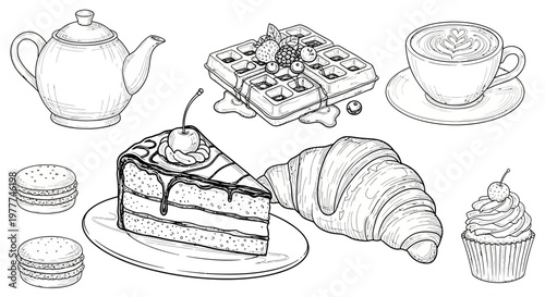 Hand-drawn Sketch of Assorted Pastries and Hot Beverages