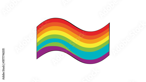 Wavy rainbow flag vector icon illustration featuring vibrant stripes in a minimalist flat design style, ideal for LGBTQ+ pride, diversity, and color theory concepts on a white background.