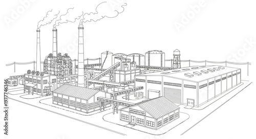 Industrial Factory Building with Smokestacks and Water Tower