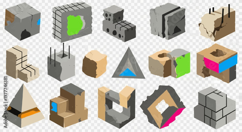 Isometric 3D Blocks: Construction, Demolition, and Abstract Shapes