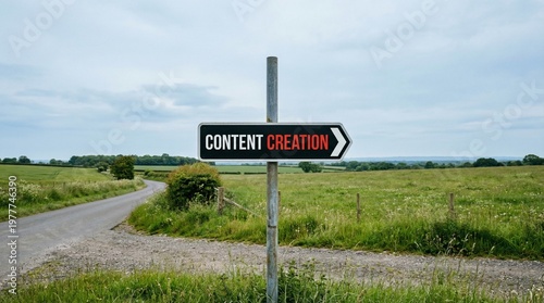 Roadside direction sign labeled content creation points along a rural path bordered by green fields under an overcast sky, suggesting digital marketing strategy and planning ahead.
