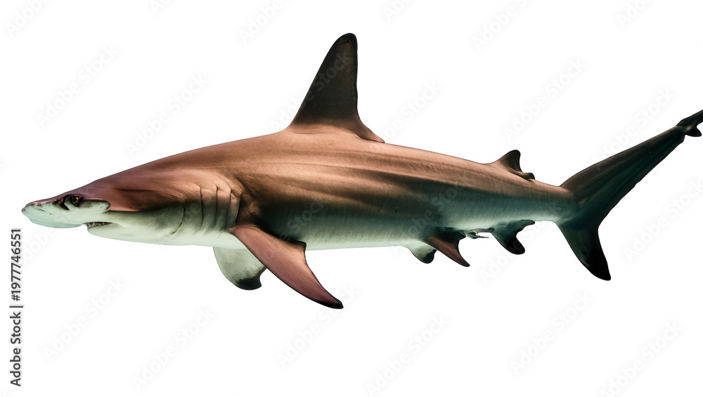 Fototapeta premium Isolated hammerhead shark swimming gracefully underwater, powerful ocean predator