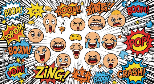 Explosion of Emotions: Comic Style Emoticon Faces with Sound Effects