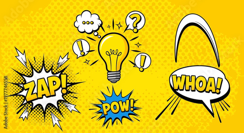 Comic Book Style Idea Light Bulb with Zap Pow Whoa Speech Bubbles