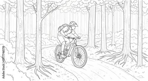 Mountain biker riding on a winding forest trail, active outdoor lifestyle