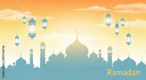 Ramadan Kareem Mosque Silhouette with Ramadan Lanterns and Sunset Sky