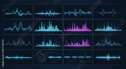 Digital Sound Waveforms and Audio Visualizers on Dark Background