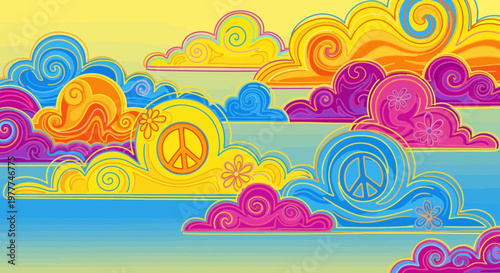 Psychedelic Peace Clouds: Retro Hippie Vibes, Vibrant Colors, Peace Symbols, Swirls