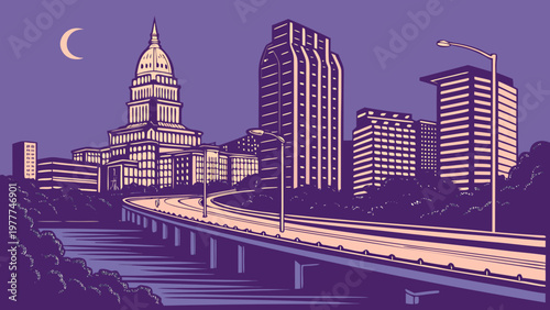 Austin Texas Skyline Vector Art with State Capitol at Night