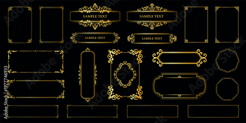 Luxury gold ornamental frames and vintage decorative borders collection on dark background, ideal for premium branding, invitations, certificates and elegant design projects.
