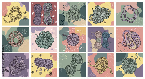Hand-drawn yarn balls and skeins, abstract colorful background, craft and hobby concept