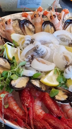 preparazione crudo di mare in un piatto con ghiaccio sul bancone di una pescheria
