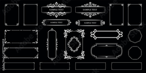 Elegant vintage ornamental frames and decorative borders set in white on black background, perfect for luxury branding, invitations, certificates and premium design.