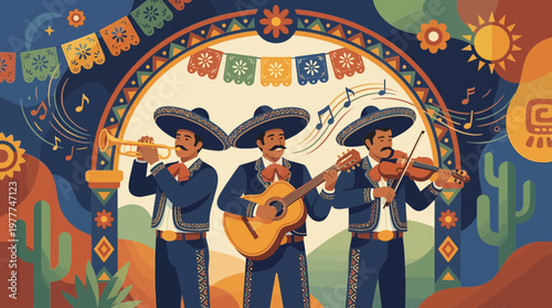 Mexican Mariachi Band Playing Traditional Music Folk Art Illustration