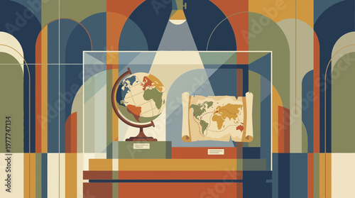 Abstract Museum Exhibit Illustration with World Globe and Map