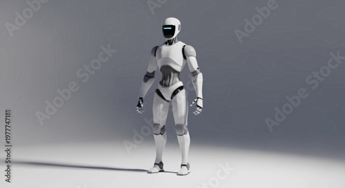 Futuristic Robot Standing in Abstract Digital Environment