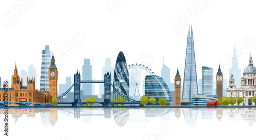 London Skyline Panorama with Famous Landmarks and River Thames Reflection