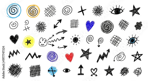 Hand-drawn Doodle Icons: Stars, Hearts, Eyes, Arrows, Swirls, and Shapes Collection