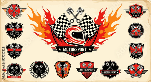 Motorsport Emblems Collection: Racing Helmet, Flags, Flames, and Crests