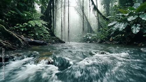 Wallpaper Mural Rapid river flowing through dense misty tropical rainforest jungle Torontodigital.ca