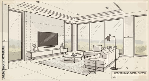 Modern Living Room Sketch: Architectural Design with Large Windows and Minimalist Furniture