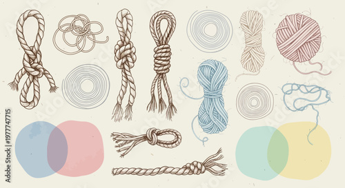 Hand-drawn collection of ropes, knots, and yarn balls in vintage style