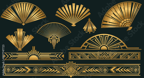Art Deco Fan Borders and Ornaments - Golden Geometric Patterns on Dark Green Background