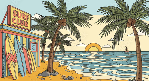 Retro Surf Club Beach Scene with Palm Trees and Ocean Sunset