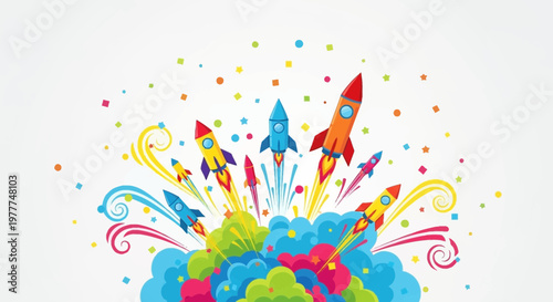 Colorful rockets launching with confetti and abstract shapes, symbolizing startup and success